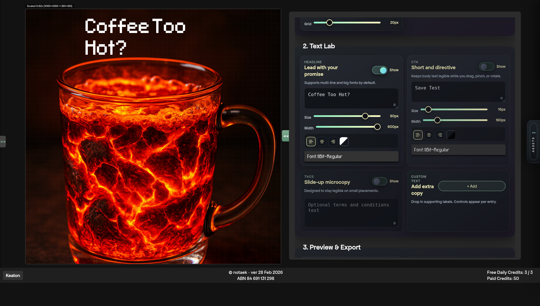 In-app builder view showing HTML5 ad creative on canvas with controls and export workflow.