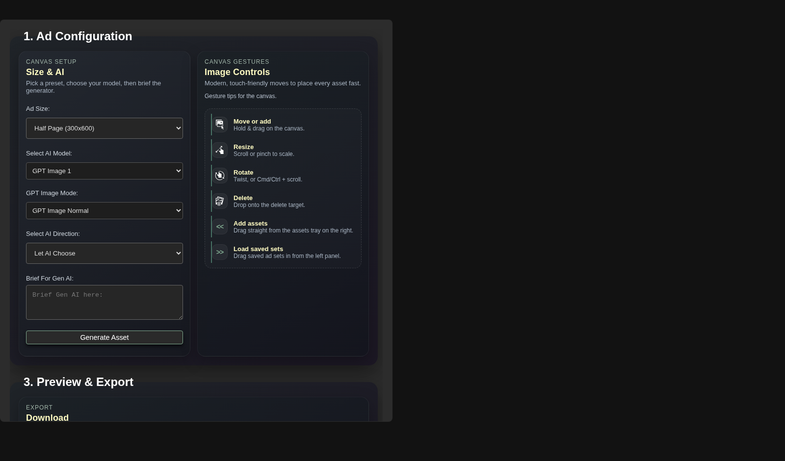 Control panel view supporting retailer-specific placement setup and format adjustments.